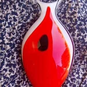 Murano Vase Red Orange Mid Century Side Black Dot Side Swirl Curved Lip 12 x 8"